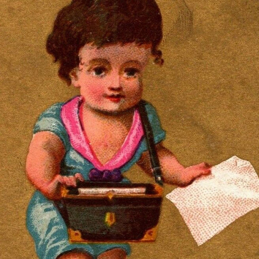 Gilt "Janvier" Child w/ Purse / Folder ? (Soapine) Unmarked Victorian Trade Card
