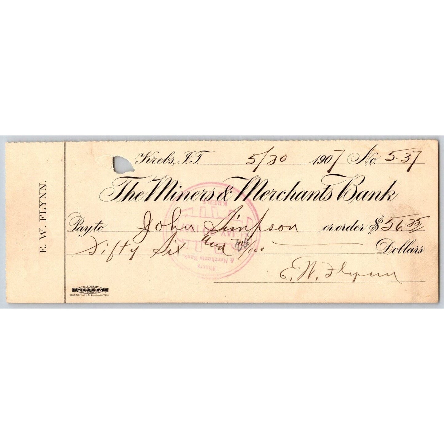 Krebs, OK May 1907 Indian Territory "Miners & Merchants Bank" Check Scarce