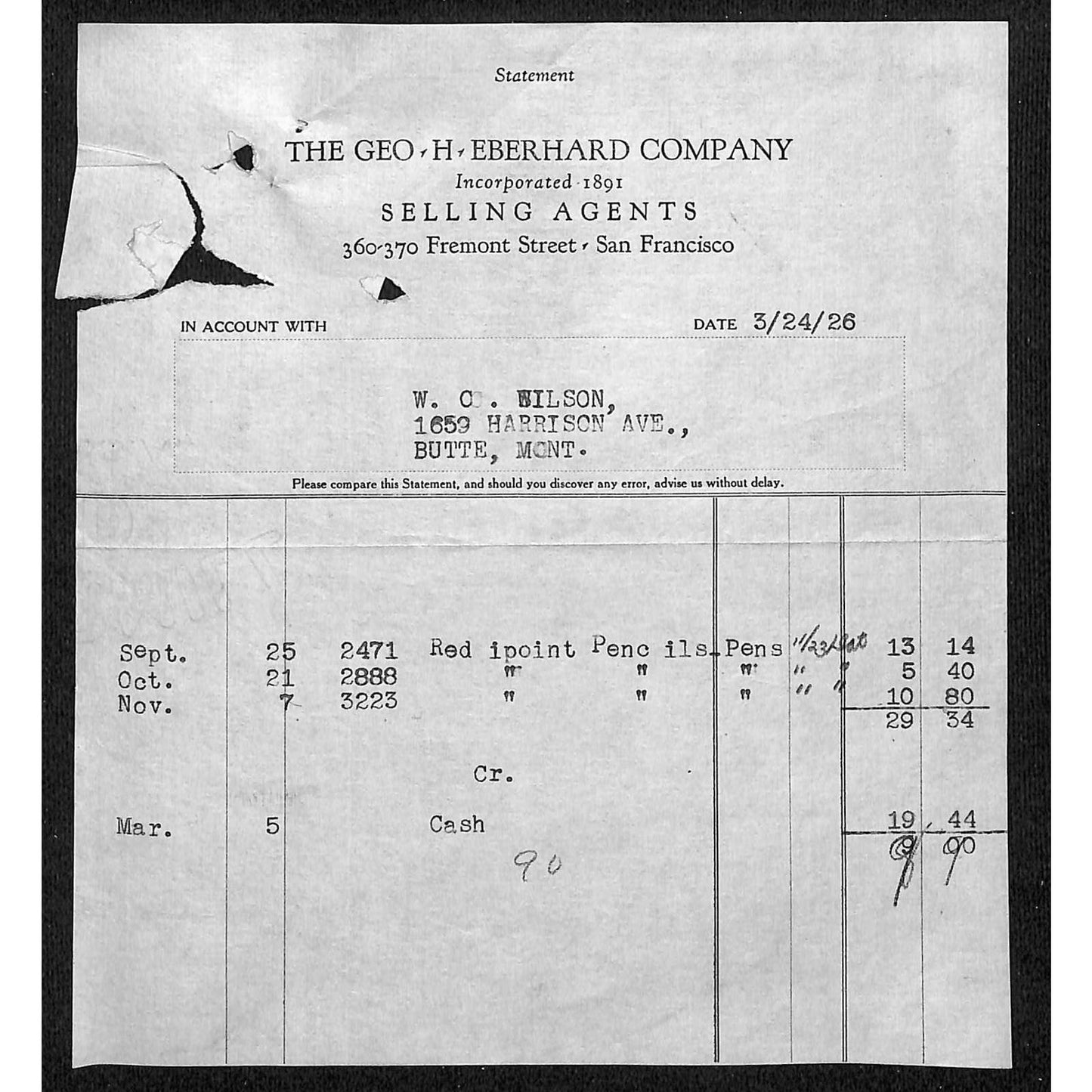 Geo. H. Eberhard Co. Pencil Butte Montana 1926 Billhead Letterhead - Wilson Drug