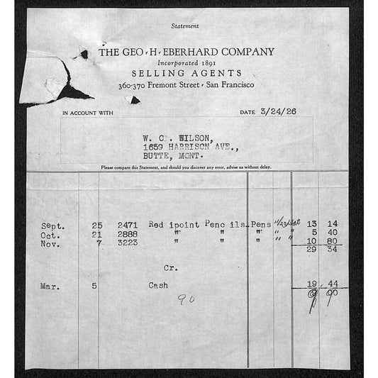Geo. H. Eberhard Co. Pencil Butte Montana 1926 Billhead Letterhead - Wilson Drug