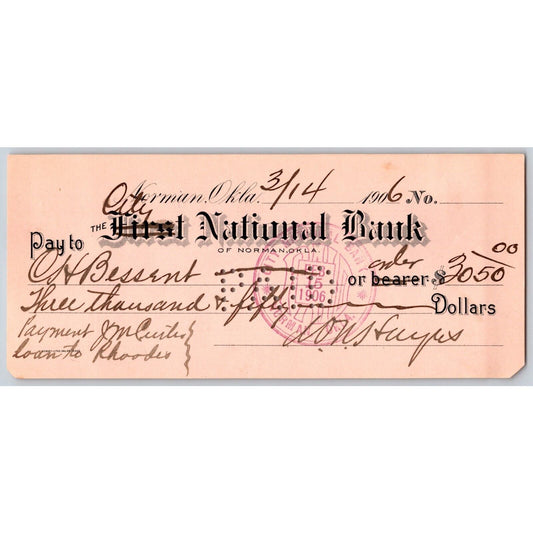 Norman, Oklahoma Territory 1906 $3,050 "City / First National Bank" Check Scarce