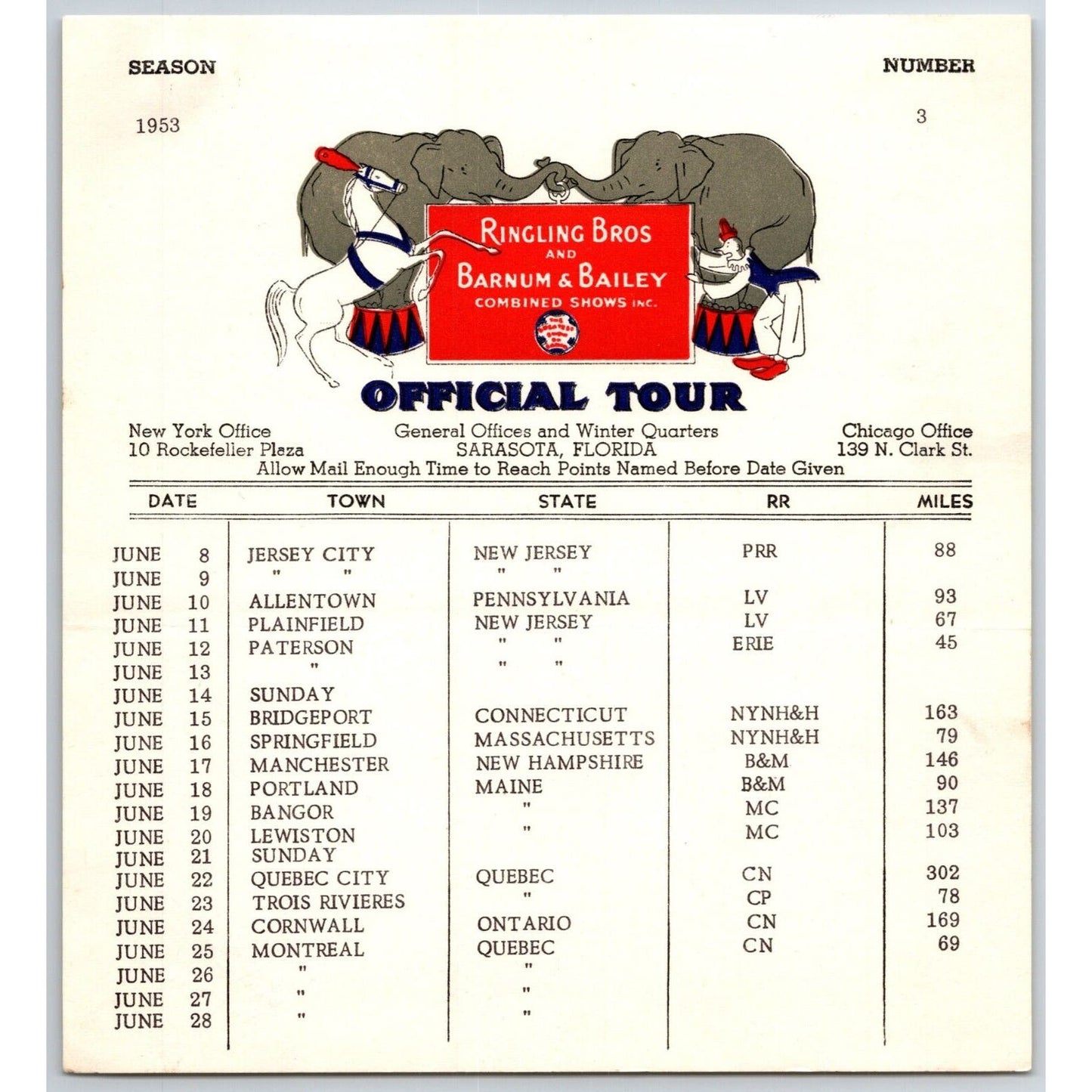 1953 Ringling Bros Barnum Bailey Circus Route Card Jersey City Bridgeport