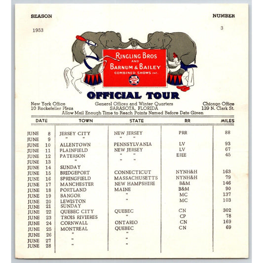 1953 Ringling Bros Barnum Bailey Circus Route Card Jersey City Bridgeport