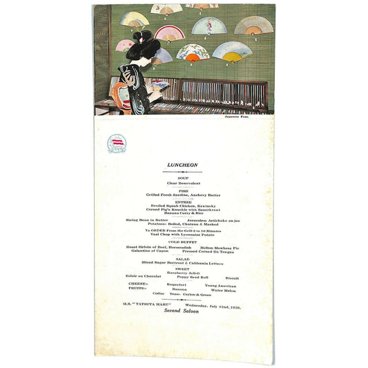 1936 N.Y. K. Line Tatsuta Maru Cruise Line Dinner Menu / Post Card Japanese Fans