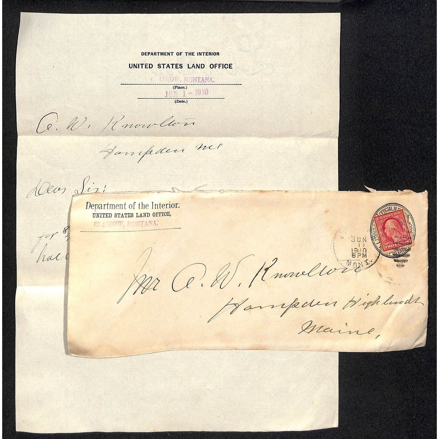 Hampden Highlands, ME Amos W. Knowlton* 1910 Dept. of Interior Letterhead re:$41