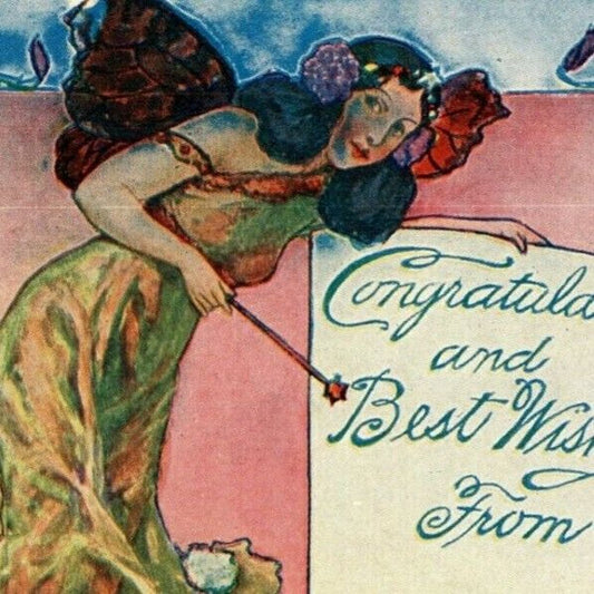 c1910 "Congratulations and Best Wishes" Fairy w/ Wand - Vintage Postcard