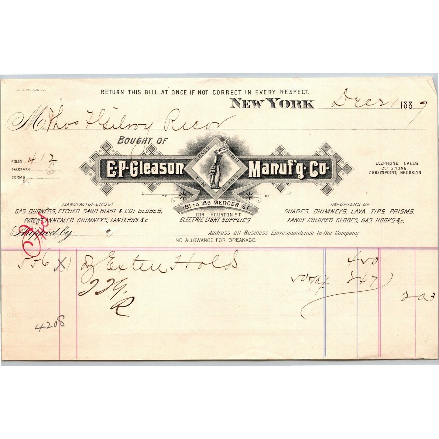 Dec 1889 "E. P. Gleason" Cut Glass Globes Billhead Letterhead Mercer St NYC