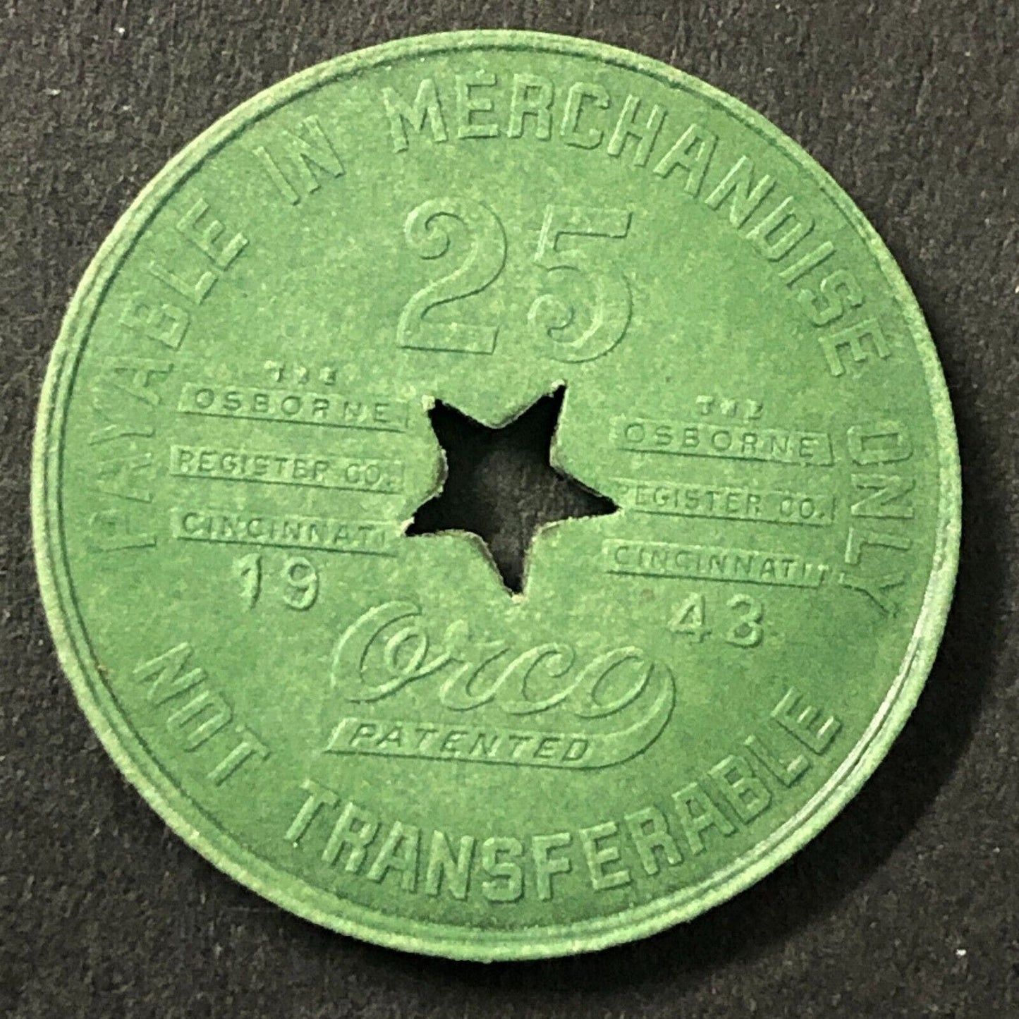 Henlawson, W. VA Merrill Stores Co. Green Fiber Token 25c 25mm