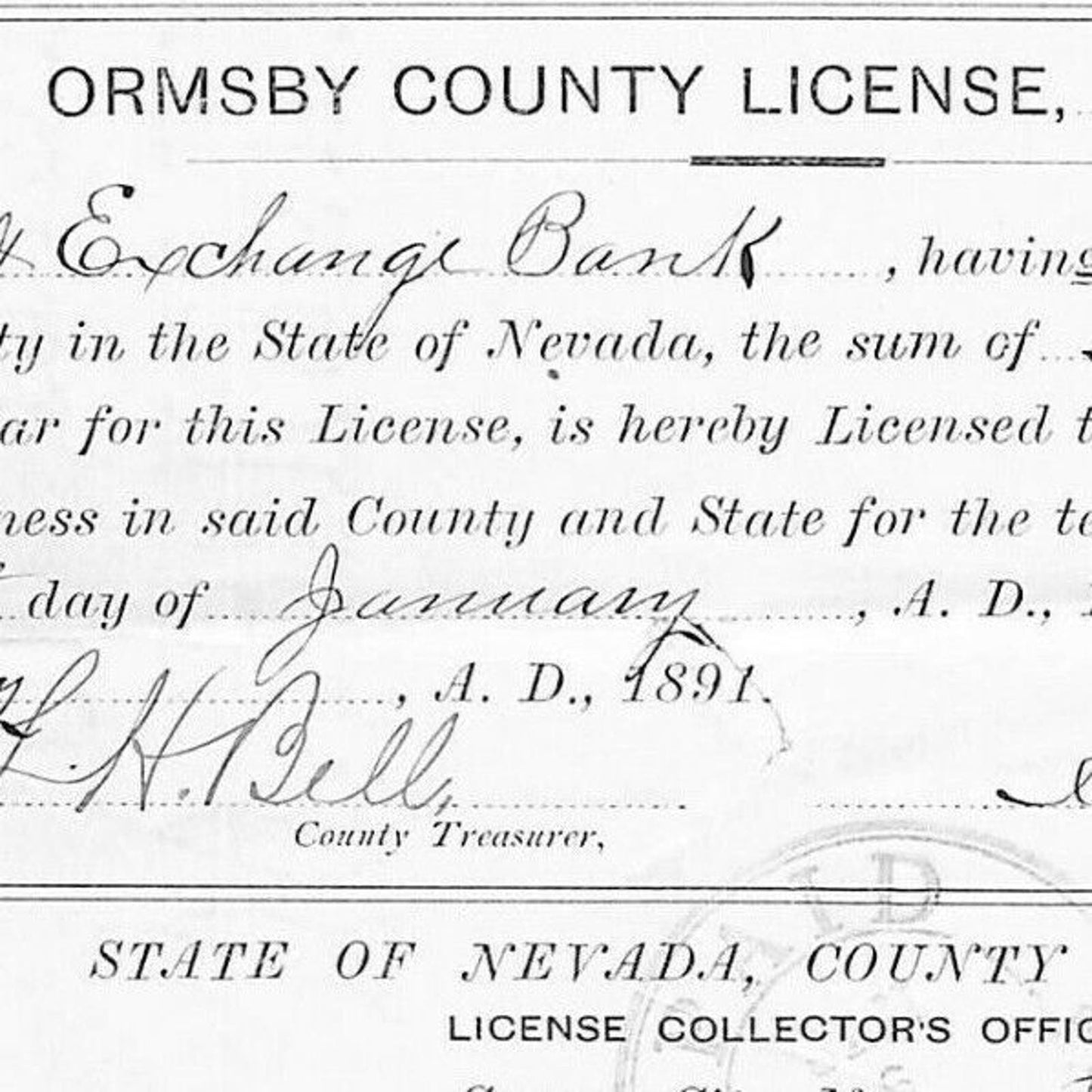 Vintage 1891 Ormsby County Banking License Bullion & Exchange Bank - Mining Doc.