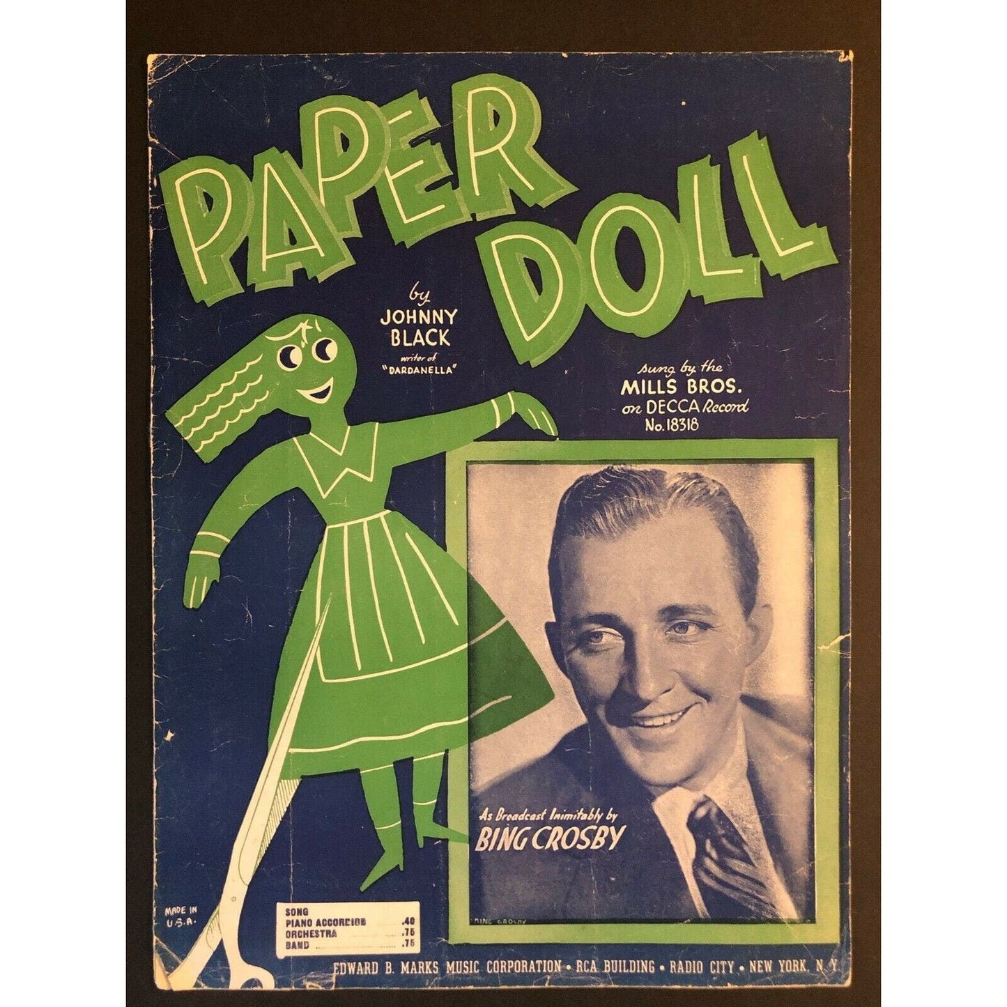 1943 Sheet Music "Paper Doll" Johnny Black Bing Crosby