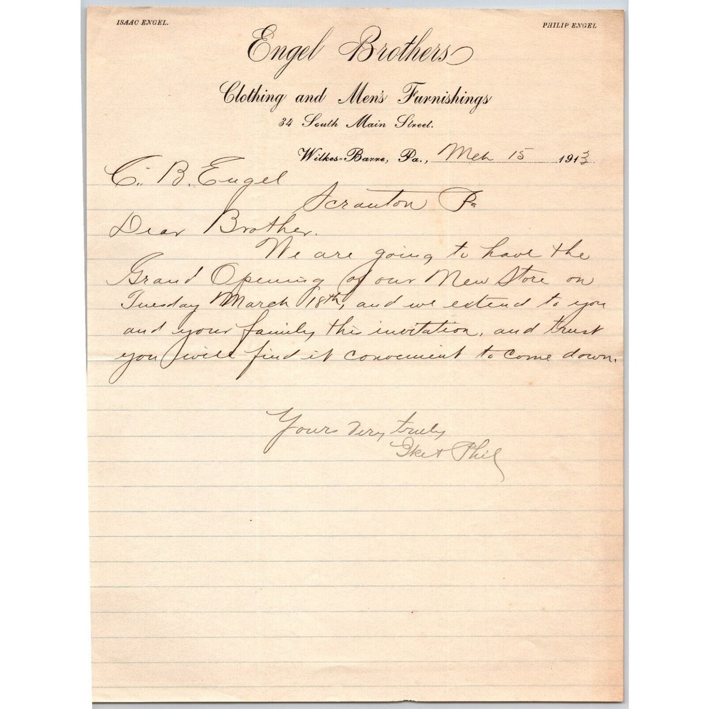 Engel Brothers Clothing Wilkes- Barre, PA 1913 Letterhead Invite to Brother C.B.