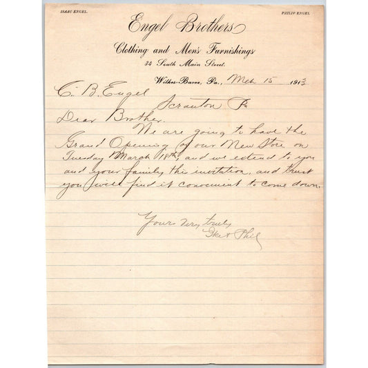 Engel Brothers Clothing Wilkes- Barre, PA 1913 Letterhead Invite to Brother C.B.
