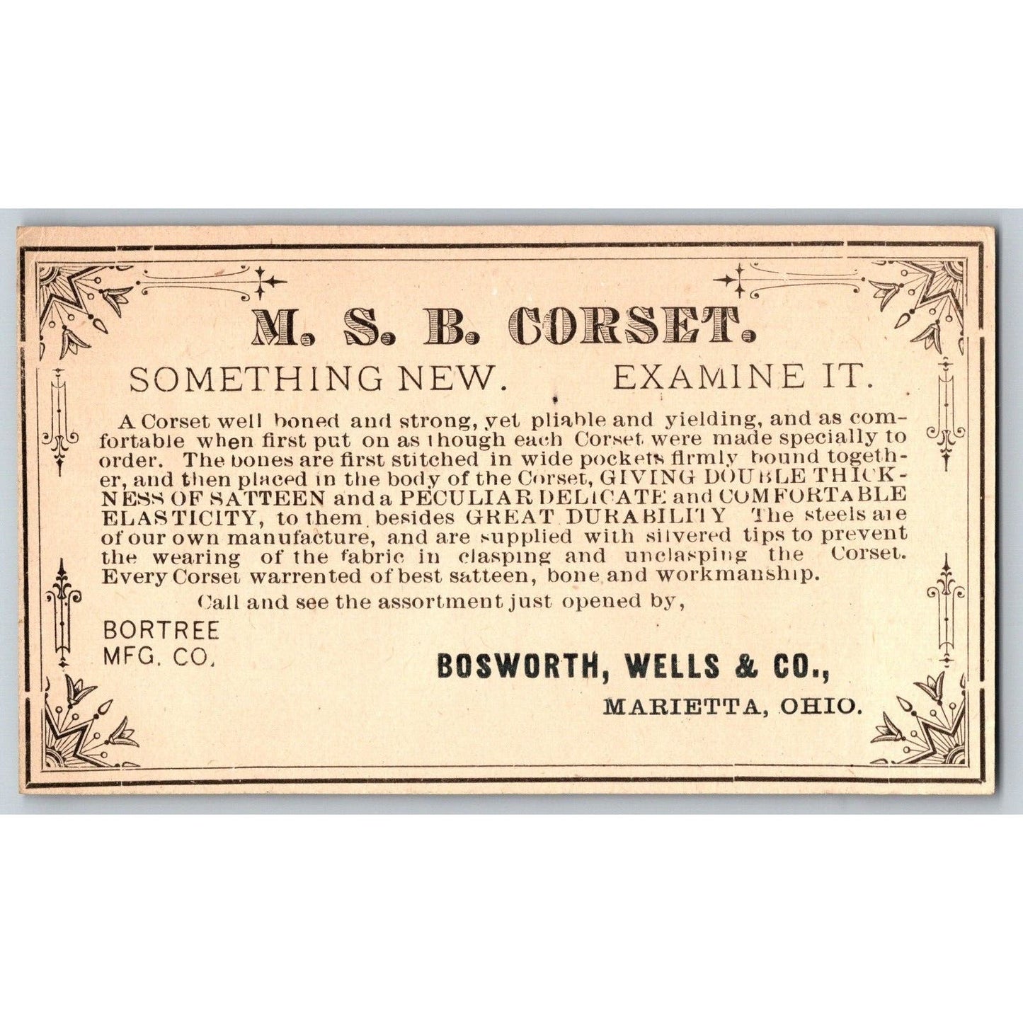 Bosworth, Wells & Co. MSB Corset Marietta, OH Victorian Trade Card Rose Bee