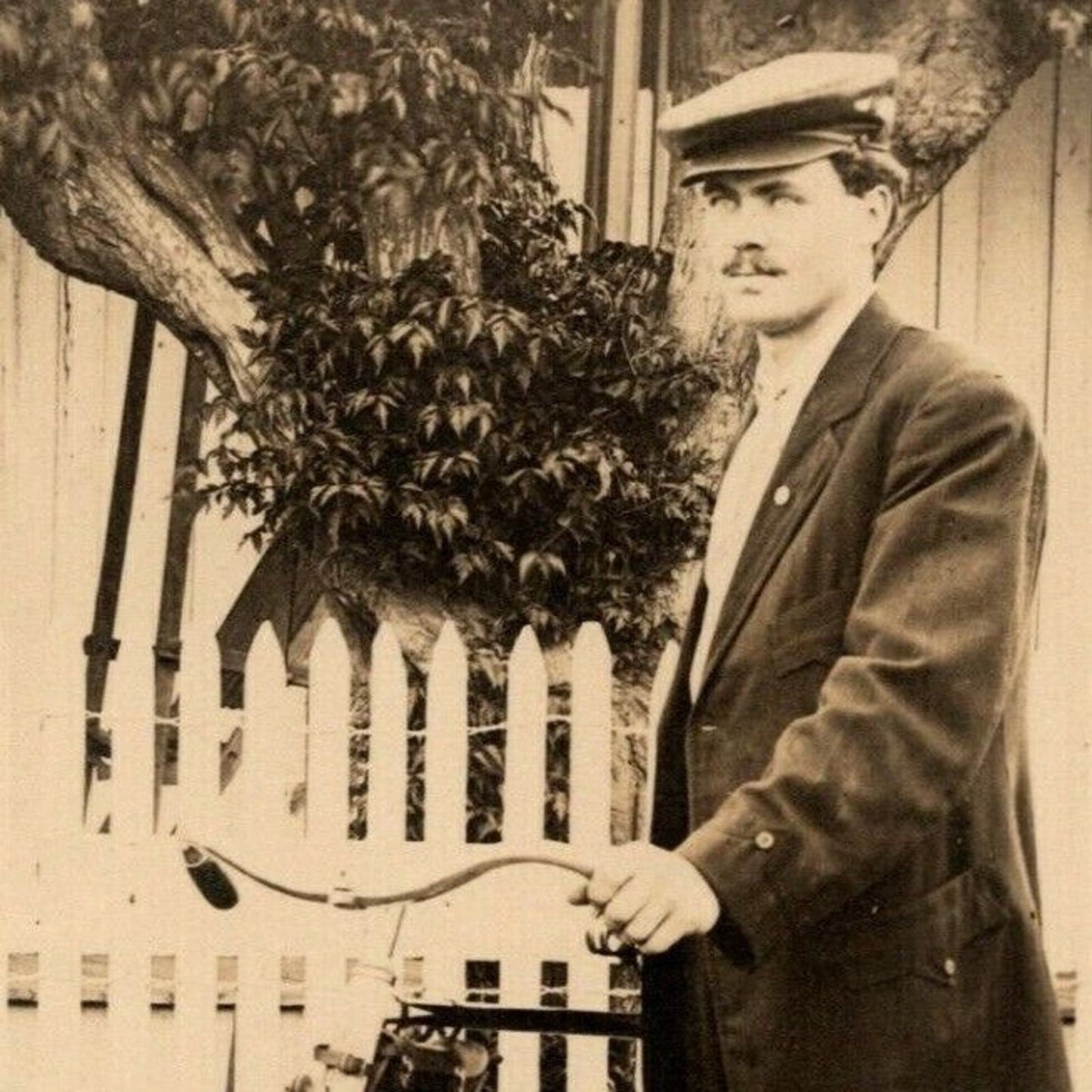 Vintage RPPC Postcard c1910 Man w/ Hat Posing Outdoors Bicycle - Unposted