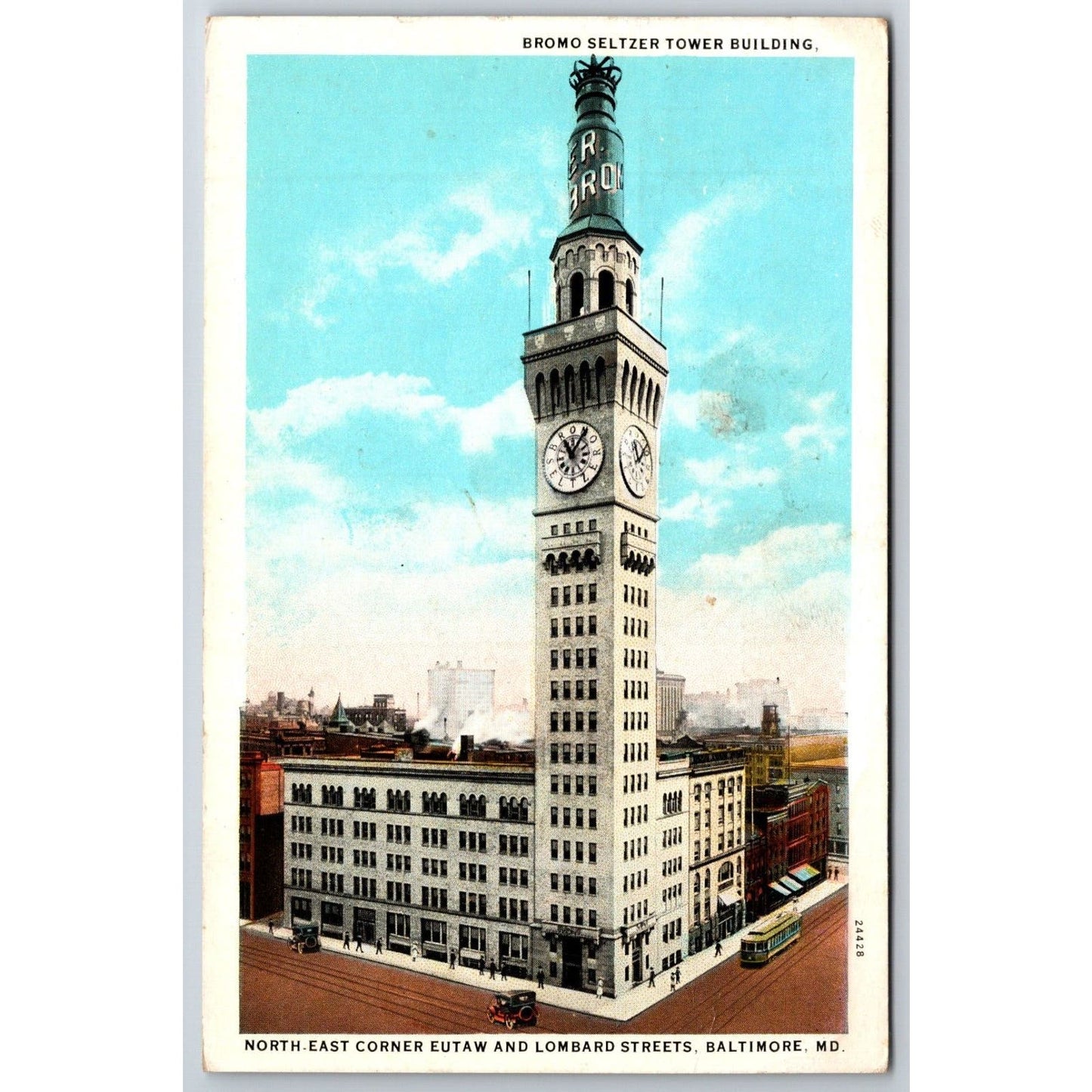 Bromo Seltzer Tower Building Baltimore Advertising Postcard PM 1930 VGC