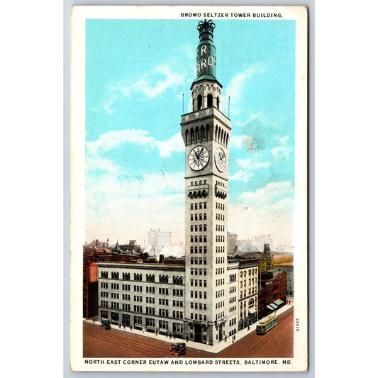Bromo Seltzer Tower Building Baltimore Advertising Postcard PM 1930 VGC