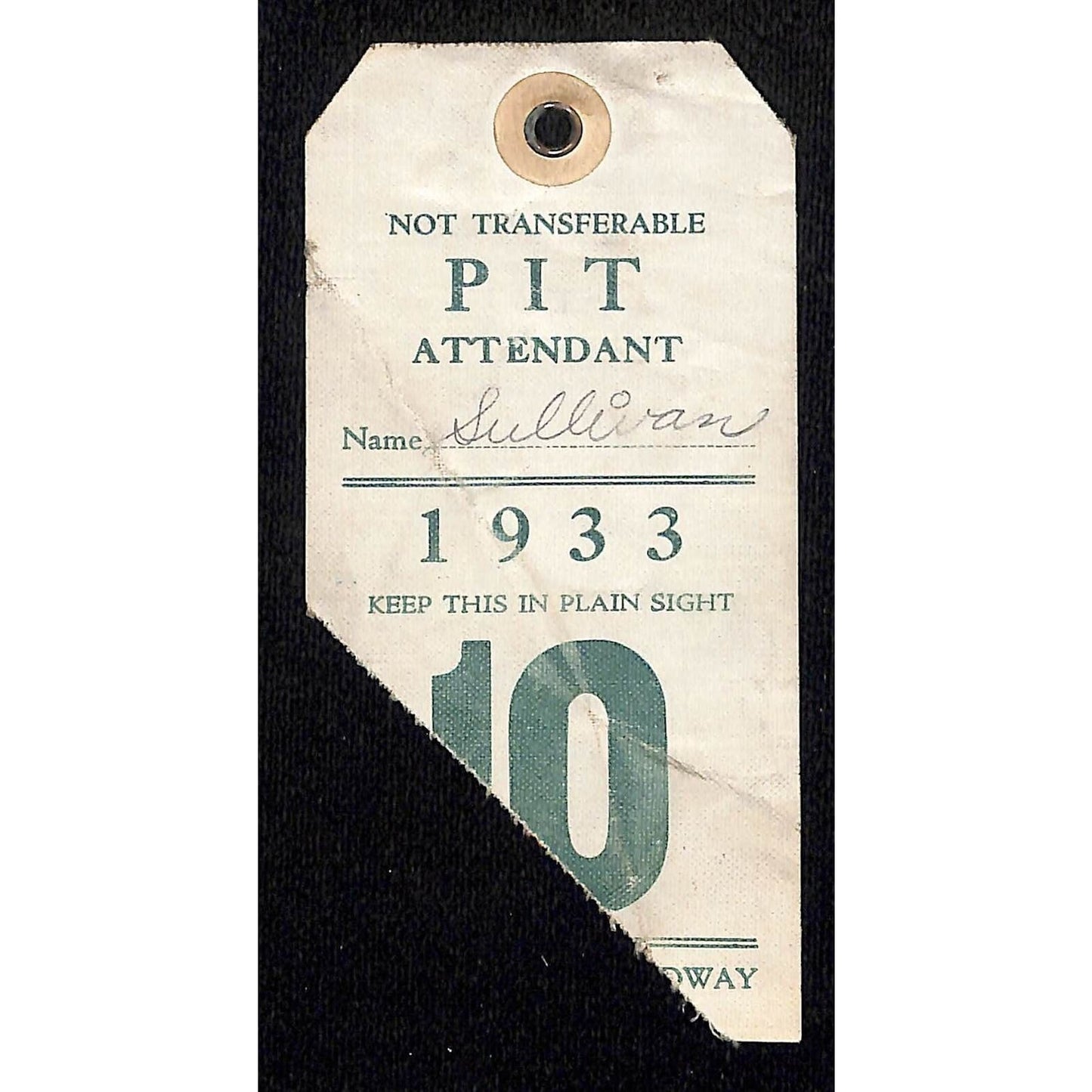 1933 Legion Ascot Speedway Pit Pass / Pit Attendant Event Number 10 VERY Scarce