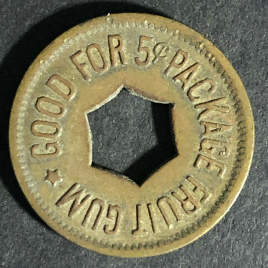 "Good For 5c Package Fruit Gum" Token (Watling Mfg Chicago) Hexagon Cut 21.28mm