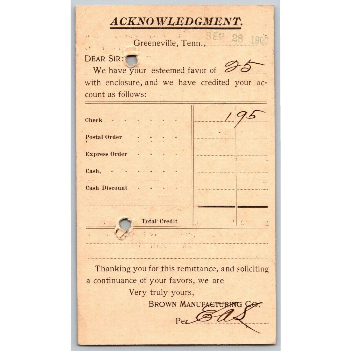 Vintage 1900 Adv. Payment Confirmation Postcard Brown Mfg. Greeneville E. Baker*