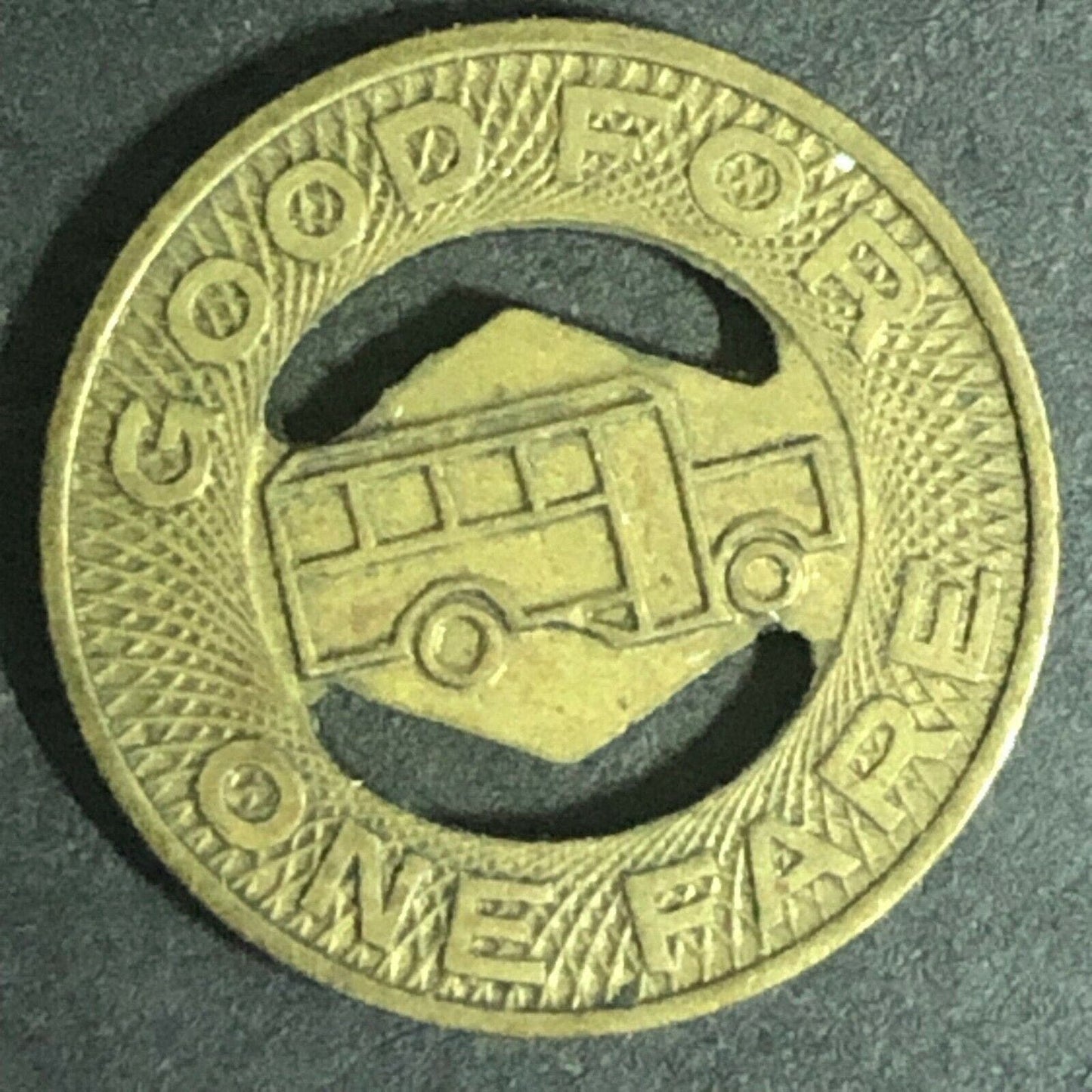 c1945 16mm Elkhart Motor Coach Corp Brass G/F One Fare Token Indiana (1529)