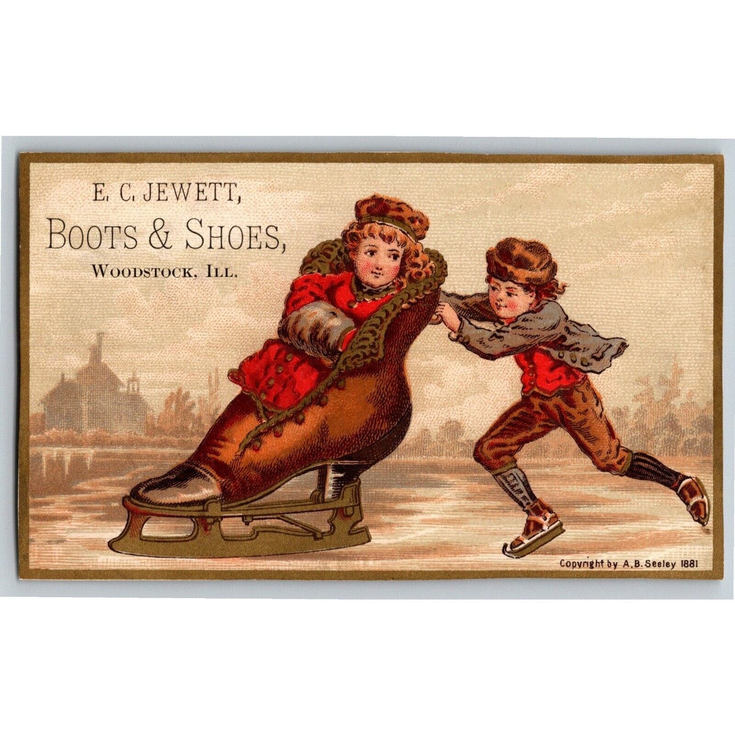 E.C. Jewett, Boots & Shoes, Woodstock, ILL Children Skate Victorian Trade Card