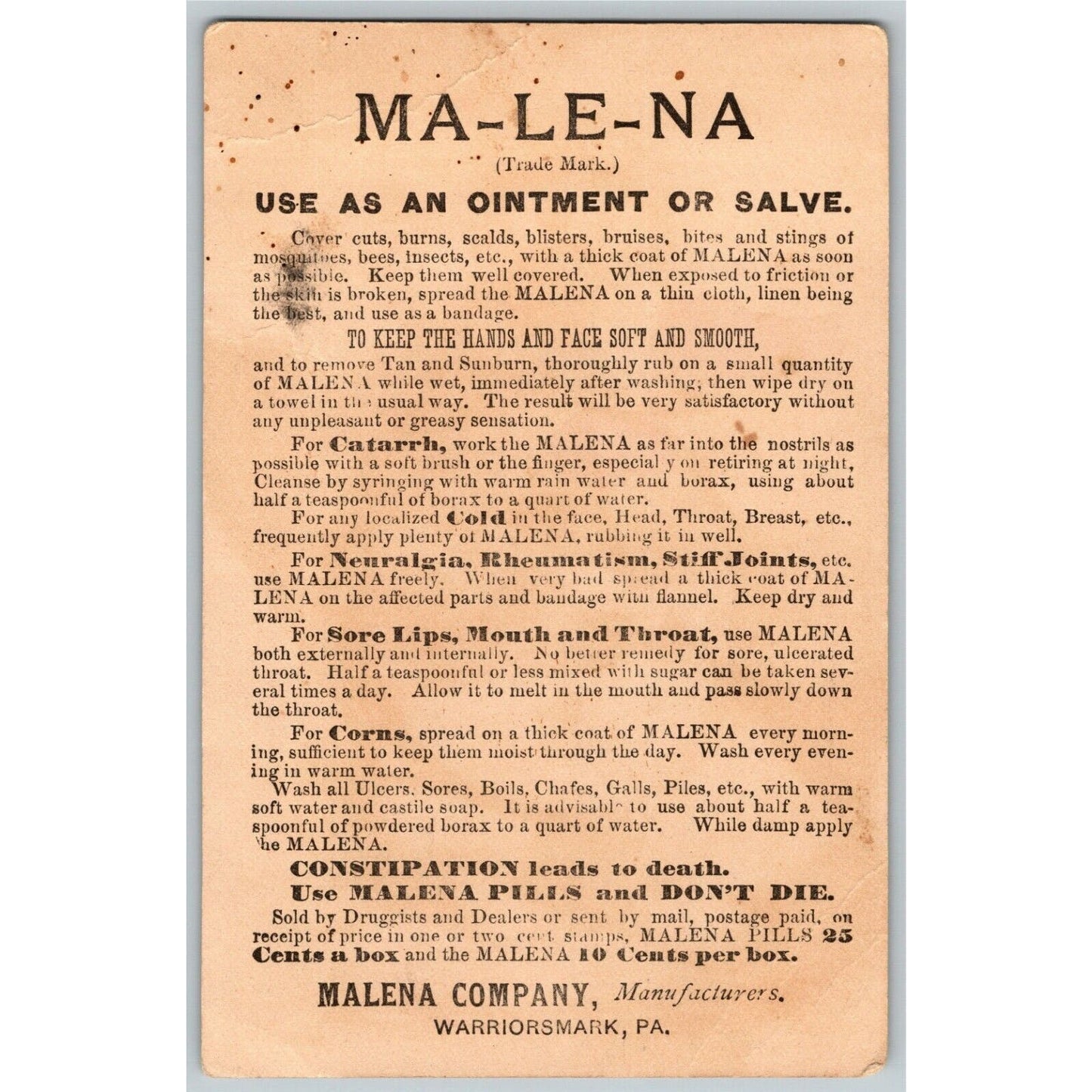 Ma-Le-Na Ointment Salve Victorian Trade Card Dog on Pillow With Tambourine