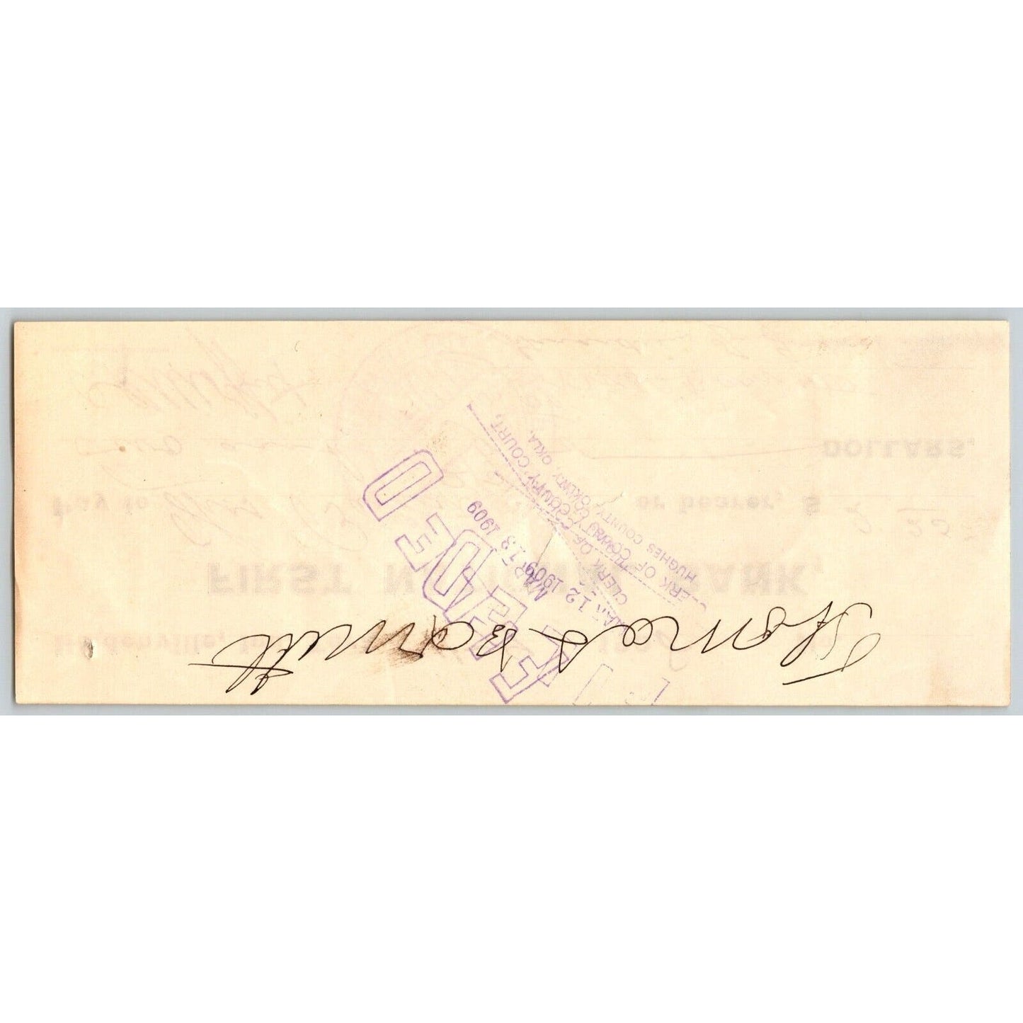Holdenville, OK 1908 First National Bank Check w/ Bold "Paid" Ink Stamp
