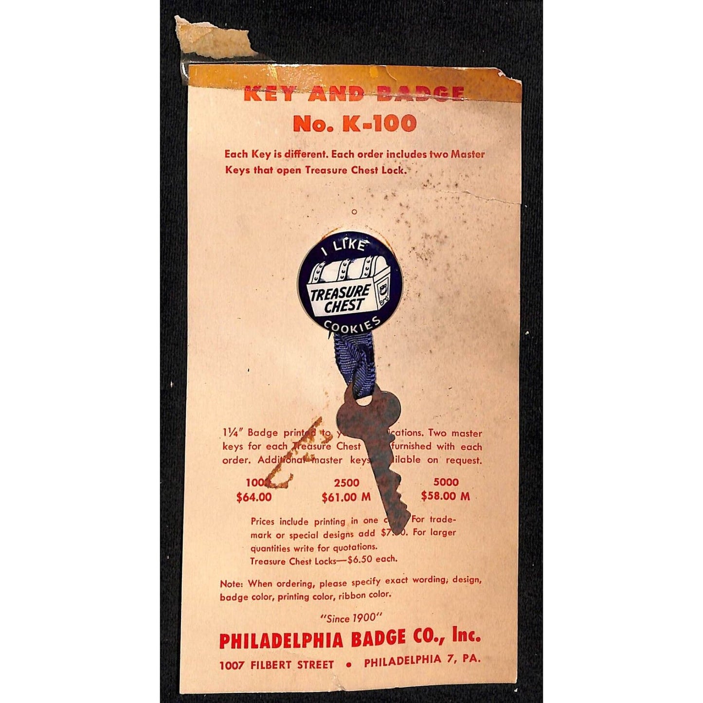 c1950 Treasure Chest w/ Key Pinback Button on Catalog Salesman's Sample Card