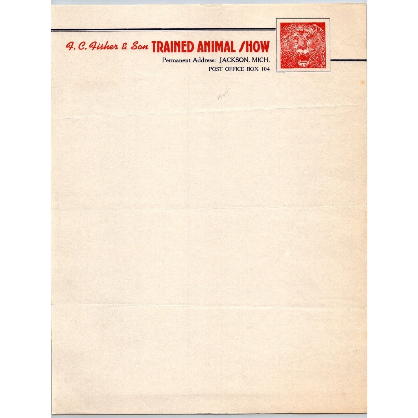 F.C. Fisher & Son Trained Animal Show Circus Letterhead c1944 Jackson, MI Scarce