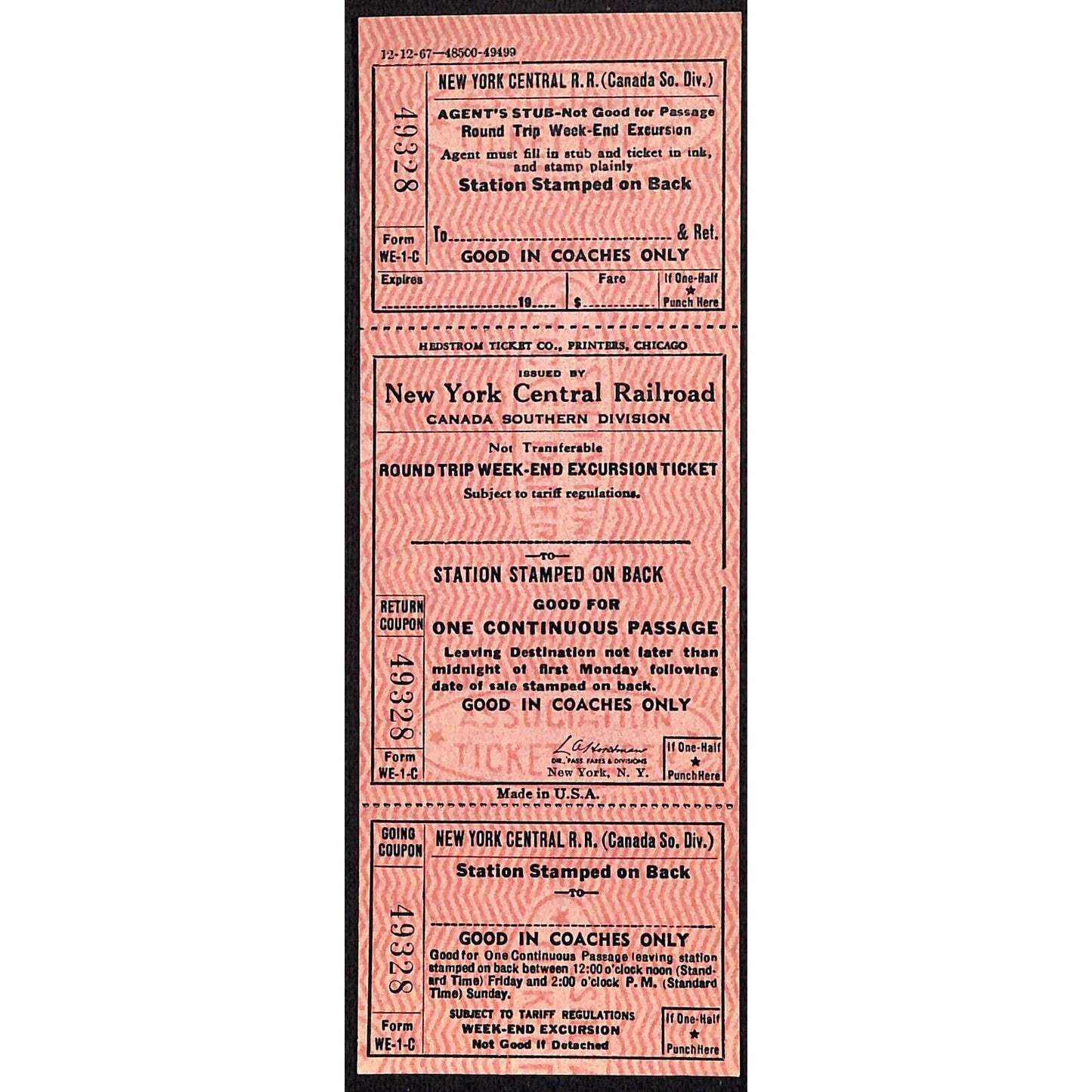 New York Central Railroad RR Canada Unused SAMPLE Excursion Ticket c1967 #49328