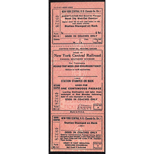 New York Central Railroad RR Canada Unused SAMPLE Excursion Ticket c1967 #49328