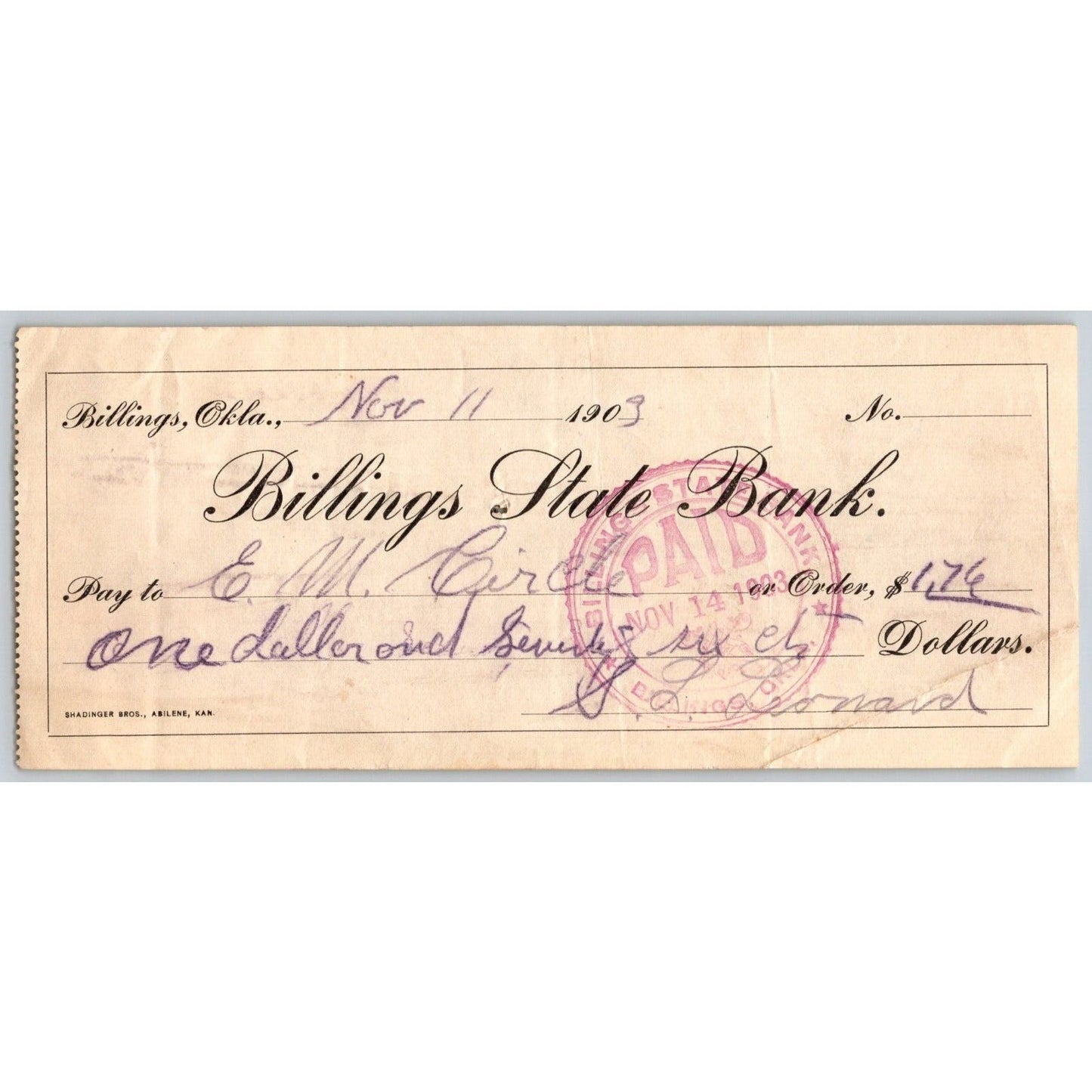 Billings, OK 1903 Territorial "Billings State Bank" Check - Scarce