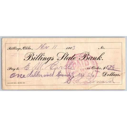Billings, OK 1903 Territorial "Billings State Bank" Check - Scarce