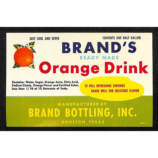 Brand's Orange Drink Houston, TX Paper Soda Label 1950's Scarce