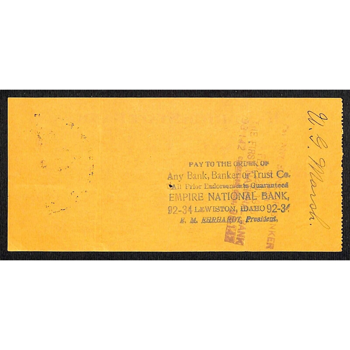 Kendrick State Bank - Idaho $10 Bank Check 1918
