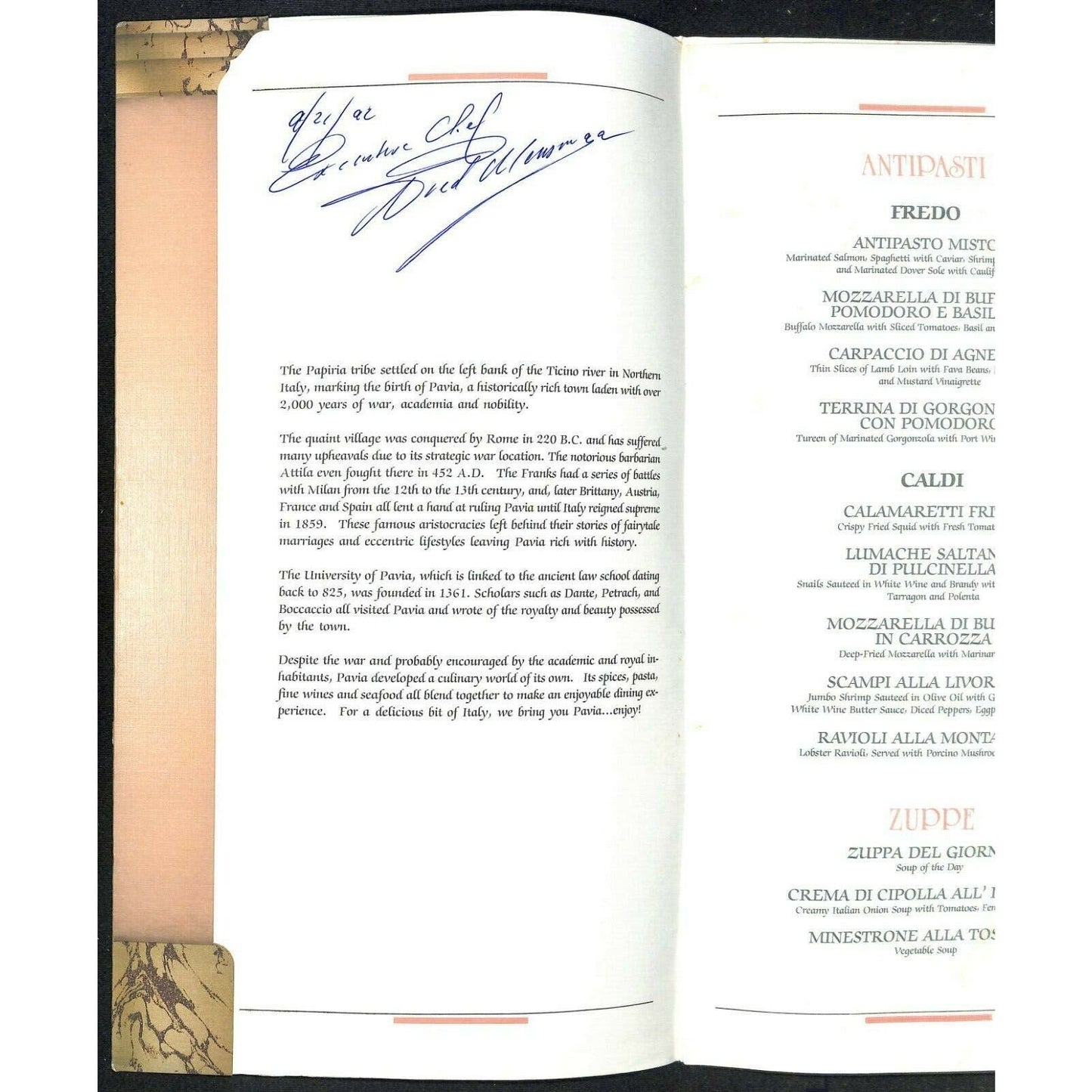 Pavia Anaheim Hilton Menu Restaurant Scarce Vintage 1992 Signed by Chef