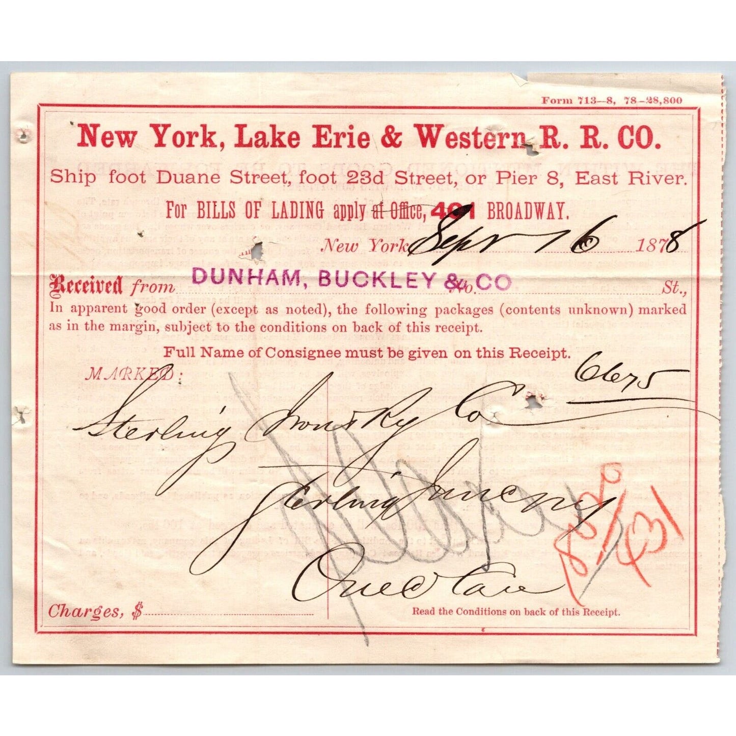 New York, Lake Erie & Western R.R. 1878 Railroad Freight Billhead Dunham Buckley