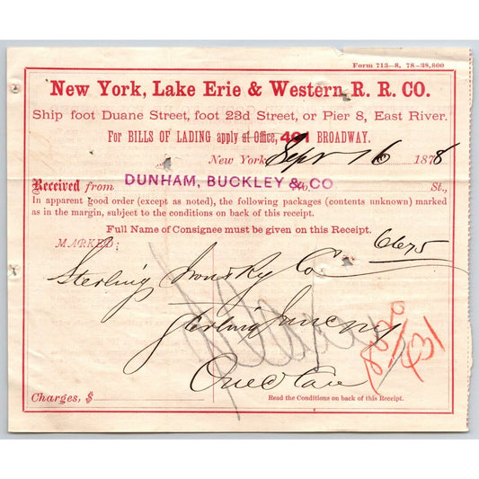 New York, Lake Erie & Western R.R. 1878 Railroad Freight Billhead Dunham Buckley