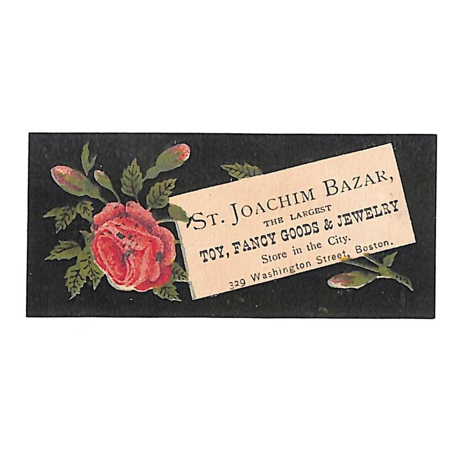 Boston Victorian Trade Card St. Joachim Bazar Toy Fancy Goods Jewelry Red Rose