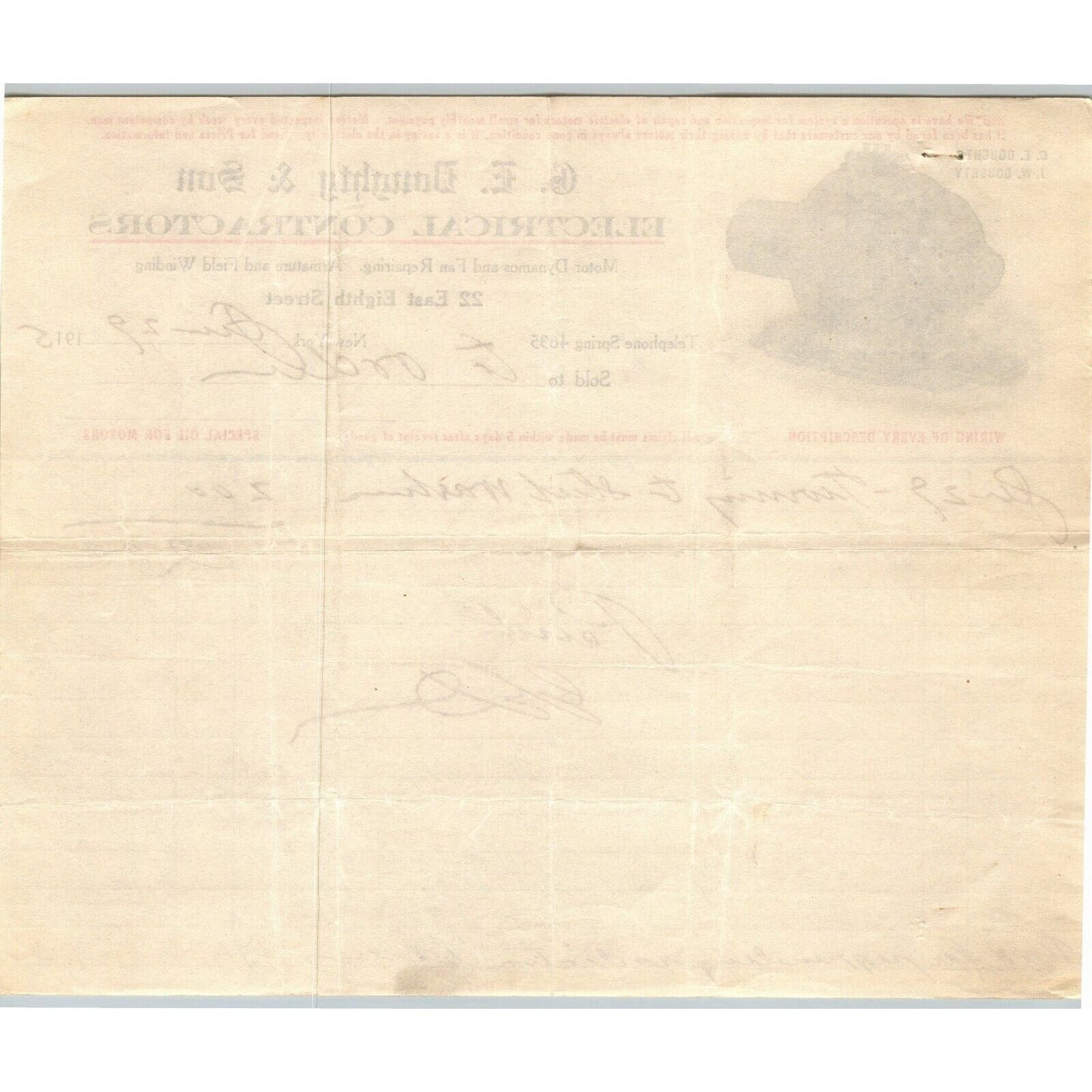 1915 G. E. Doughty & Son Electrical Contractors Letterhead Billhead 8th St NYC