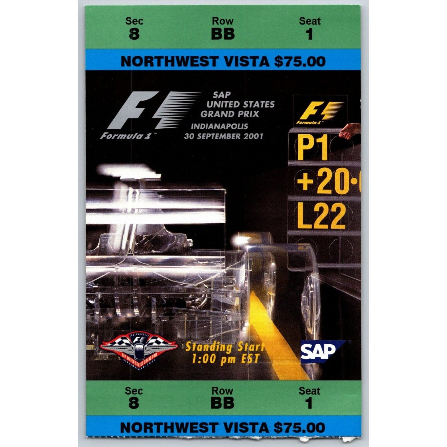 2001 Indianapolis Formula One Grand Prix Racing Ticket Stub 9/30 VGC - Seat 1