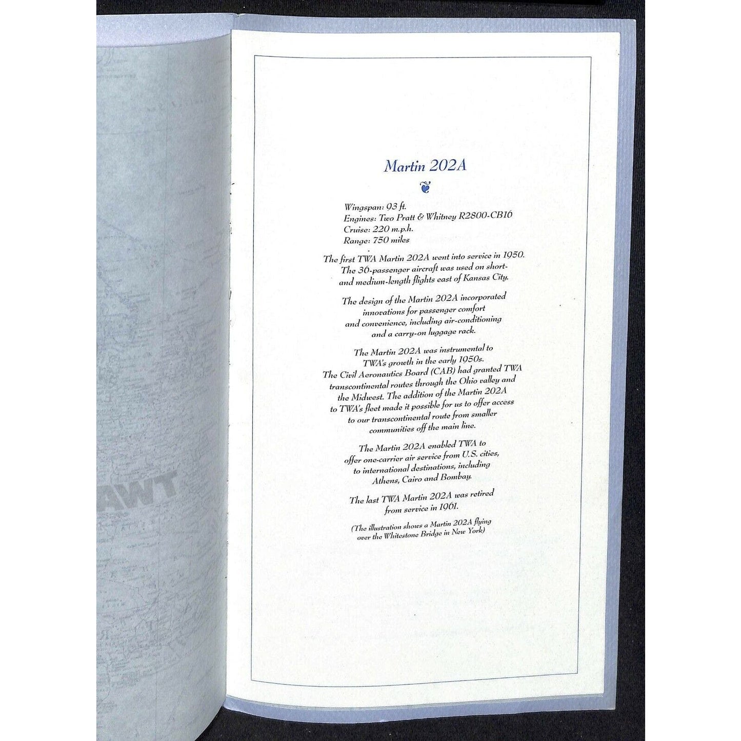 1993 TWA Trans World Airlines Ambassador Collector Series Martin 202A Menu