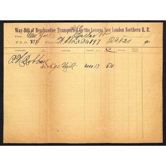 New London Railroad 1889 Freight Way-Bill w/ Bellows Falls, VT Stamp - Scarce