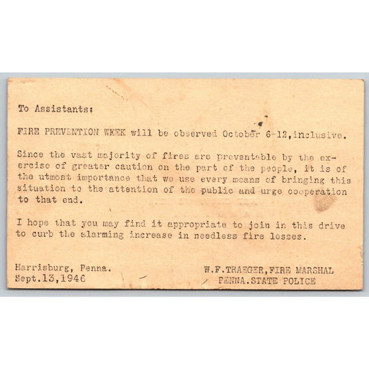 Fire Prevention Week Fire Marshall Philadelphia Notice Postcard 1946 VGC