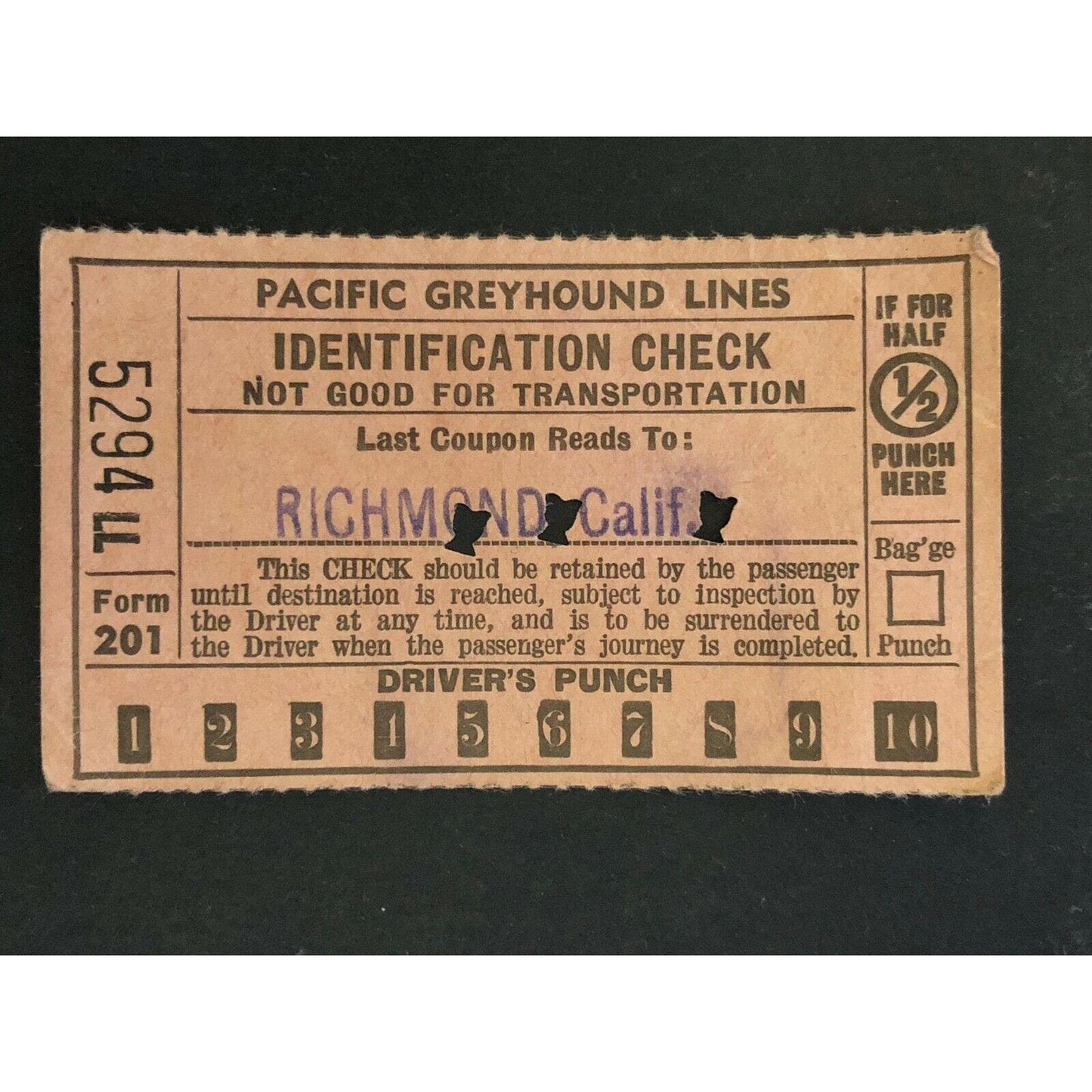 Pacific Greyhound Bus Lines I.D. Check / Ticket "Richmond" 5294 c1945-1955