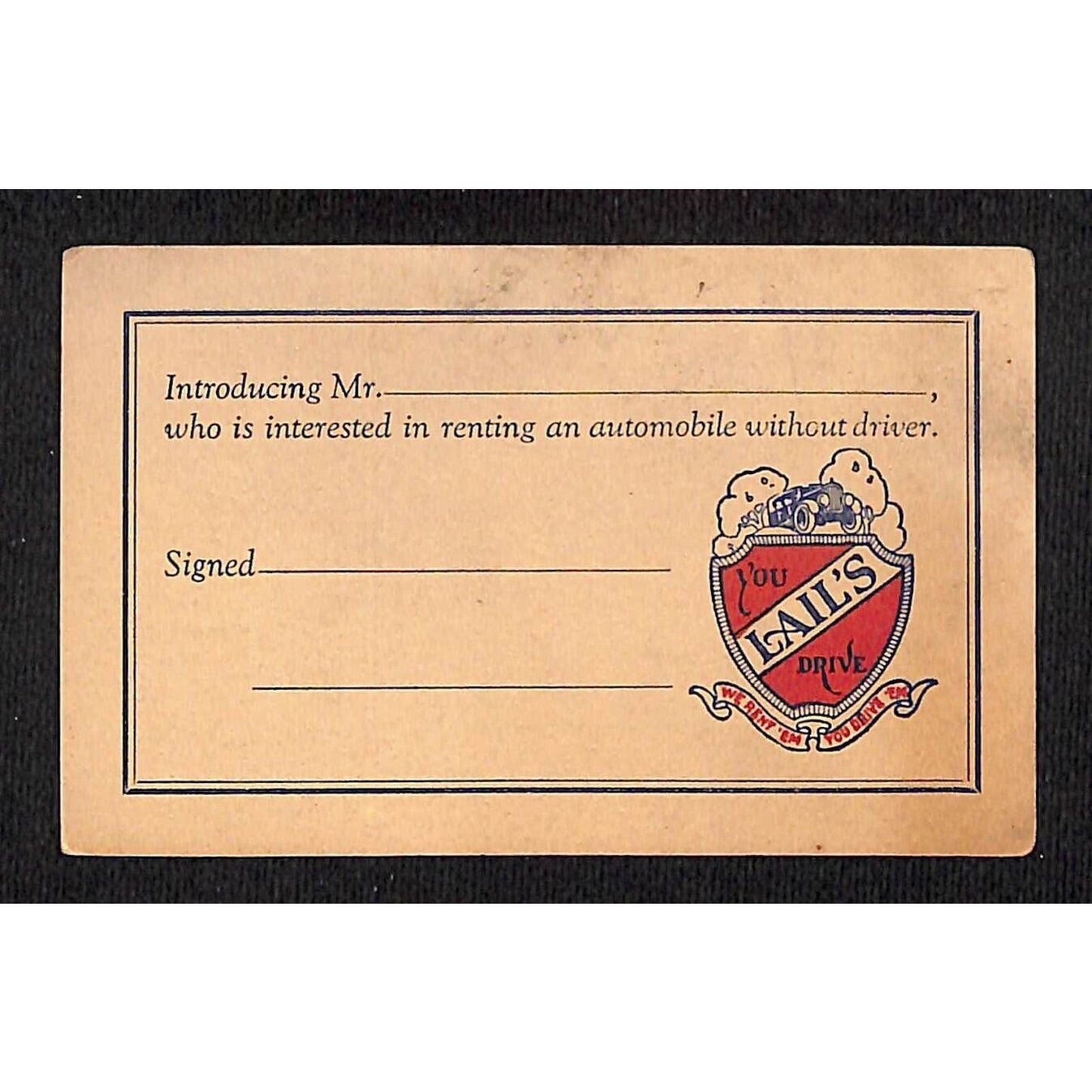 Lail's Auto Livery Hope St. LA / Car Rental Business / Trade Card c1928 Scarce