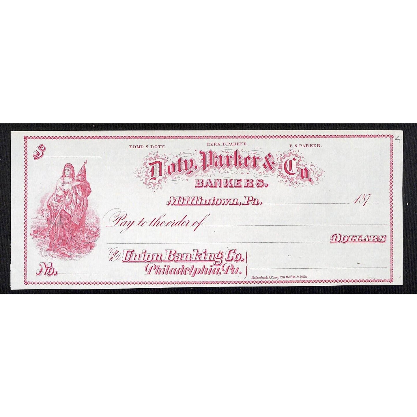 Mifflintown, PA Doty, Parker & Co. Bankers 1870 Union Banking Bank Check Scarce