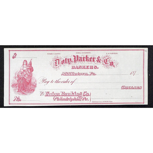 Mifflintown, PA Doty, Parker & Co. Bankers 1870 Union Banking Bank Check Scarce