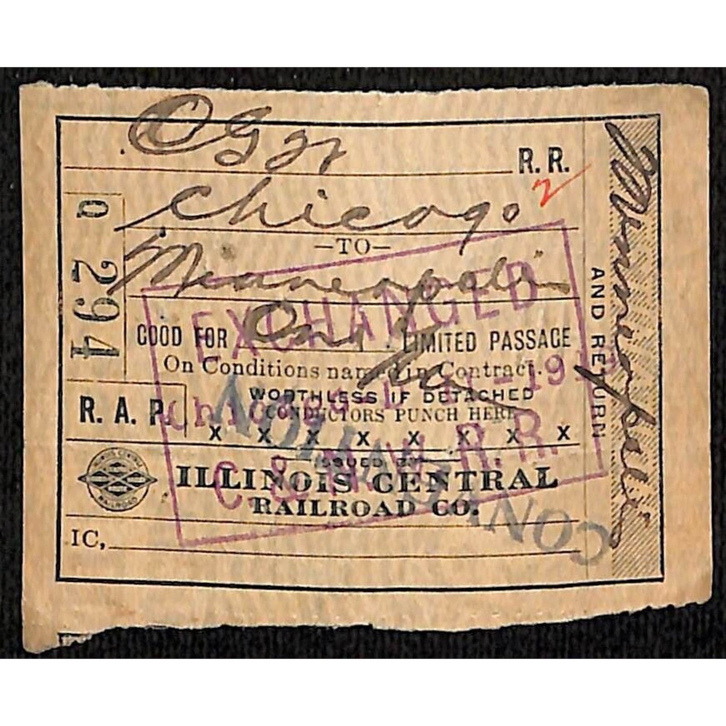 Illinois Central Railroad 1919 Ticket Chicago Minneapolis #294