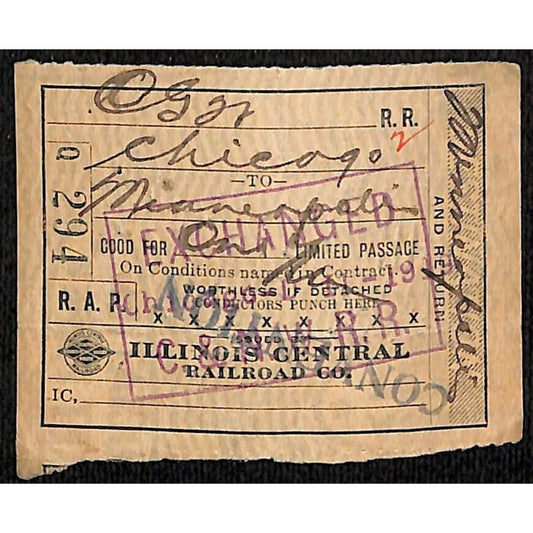 Illinois Central Railroad 1919 Ticket Chicago Minneapolis #294